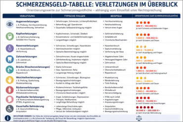 Infografik mit Schmerzensgeld-Tabelle für verschiedene Verletzungen und einer Orientierung zur möglichen Schmerzensgeldhöhe.
