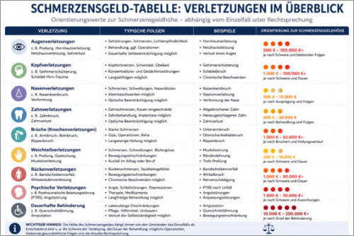Infografik mit Schmerzensgeld-Tabelle für verschiedene Verletzungen und einer Orientierung zur möglichen Schmerzensgeldhöhe.
