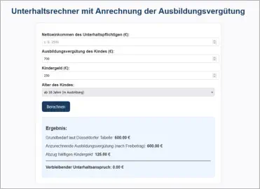 Unterhaltsrechner mit Anrechnung der Ausbildungsvergütung