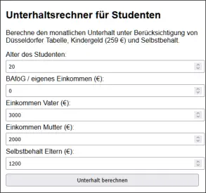 Unterhaltsanspruch für Studenten Onlinerechner