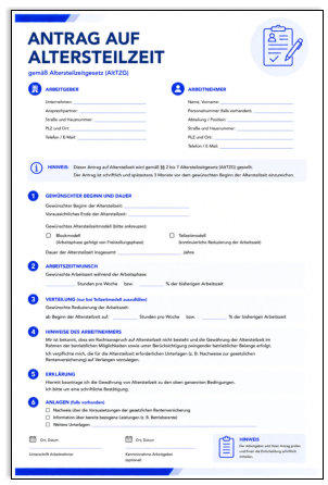 Vorlage und Formular für einen Antrag auf Altersteilzeit. Blaue Schrift und weißer Hintergrund