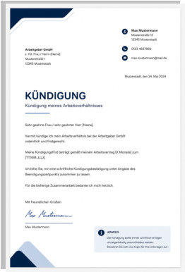 Moderne Vorlage für eine Arbeitnehmerkündigung in blau und weiß. Enthält Überschrift, Kündigungstext, Kontaktdaten und Signaturfeld
