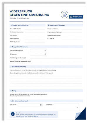 Modernes Formular „Widerspruch gegen eine Abmahnung“ zum Download mit ausfüllbaren Feldern für Arbeitnehmerdaten, Arbeitgeberangaben, Begründung und Unterschrift. Klares Design in Blau und Weiß mit Download-Button und Formularstruktur.