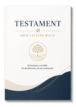 Elegante Titelseite eines Testaments in Weiß mit dunkelblauen und goldenen Akzenten, Baum-Symbol und dem Text „TESTAMENT – Mein letzter Wille“.