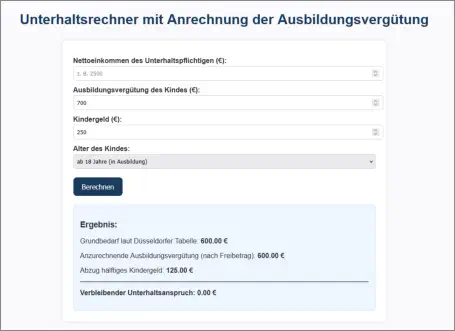 Unterhaltsrechner mit Anrechnung der Ausbildungsvergütung