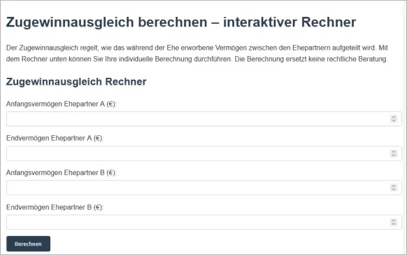 Zugewinnausgleich online berechnen