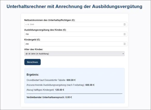 Unterhaltsrechner mit Anrechnung der Ausbildungsvergütung