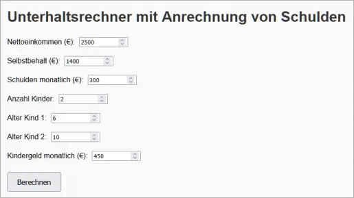 Onlinrechner, Schulden Anrechnung beim Unterhalt