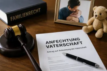 Auf einem Tisch liegt ein Buch, Familienrecht, ein Formular, zur Anfechtung der Vaterschaft liegt auch dort und ein Foto von Vater und Kind steht auch noch noch auf dem Tisch