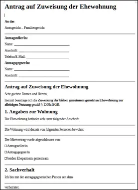 Musterschreiben- Antrag auf Wohnungszuweisung an das Gericht nach einer Scheidung oder Trennung