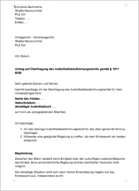 Formular für einen Antrag Übertragung Aufenthaltsbestimmungsrecht