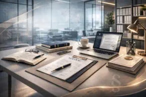 Arbeitsplatz mit Laptop, Dokumenten und Notizen zu rechtlichen Themen im Büro