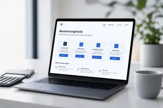 Laptop auf einem weißen Schreibtisch mit moderner Website für Berechnungstools auf dem Bildschirm, daneben Taschenrechner und Kaffeetasse in heller, minimalistischer Büroumgebung.