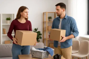 „Ein sich trennendes Paar steht sich im Wohnzimmer gegenüber und hält Umzugskartons mit persönlichen Gegenständen während der Haushaltsaufteilung nach einer Trennung oder Scheidung.“