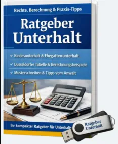 Blaues Buch „Ratgeber Unterhalt“ mit Waage, Taschenrechner und USB-Stick