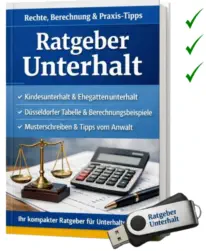 Blaues Buch „Ratgeber Unterhalt“ mit Waage, Taschenrechner und USB-Stick