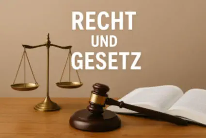 Holztisch mit Justizwaage, Richterhammer und offenem Buch, darüber der Text Recht und Gesetz