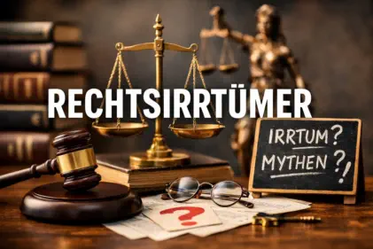 „Waage der Justiz, Richterhammer und Bücher mit dem Schriftzug ‚Rechtsirrtümer‘ sowie Tafel mit ‚Irrtum? Mythen?‘ – Symbolbild für häufige Rechtsirrtümer im Alltag“