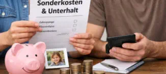 Paar am Tisch sitzend, mit einem Blatt Papier und einem Sparschwein auf dem Tisch