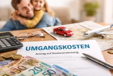 Umgangskosten Antrag beim Jobcenter mit Geld, Taschenrechner und Vater mit Kind im Hintergrund