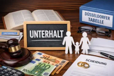 Stillleben zu Unterhalt und Scheidung mit Tafel „Unterhalt“, Geldscheinen, Richterhammer, Dokument „Scheidung“ mit Ringen und Familienfiguren.