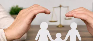 Händer halten sich über eine Familie aus Papier