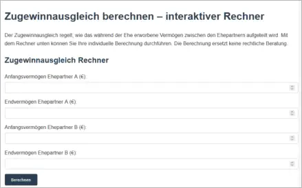 Zugewinnausgleich online berechnen