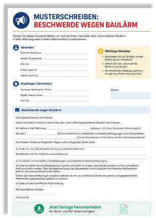 „Modern gestaltetes Musterschreiben zur Beschwerde wegen Baulärm mit ausfüllbaren Feldern, farbigen Elementen und Download-Hinweis für Word- und PDF-Datei auf weißem Hintergrund.“ 