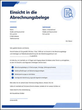 „Vorlage zur Einsicht in die Abrechnungsbelege – modernes Musterschreiben für Mieter zur Anforderung von Nebenkosten- und Abrechnungsunterlagen.“