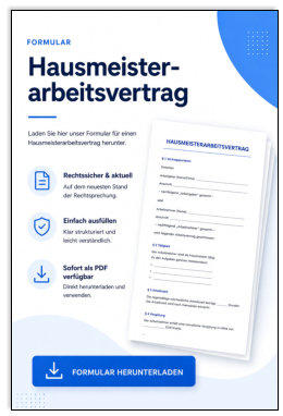 Moderne Vorlage eines Hausmeisterarbeitsvertrags mit Download-Button, rechtssicheren Hinweisen und übersichtlichem Vertragsformular in Blau-Weiß