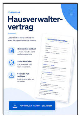 Moderne Vorlage eines Hausverwaltervertrags mit übersichtlichem Vertragsformular, Download-Button und Hinweisen zu rechtssicherer und einfacher Nutzung.