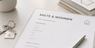 Moderne Formularvorlagen rund um Miete und Wohnen auf einem hellen Schreibtisch mit Schlüsselanhänger in Hausform und Kugelschreiber – ideal für Mietverträge, Wohnungsbewerbungen und weitere Dokumente zum Download. 