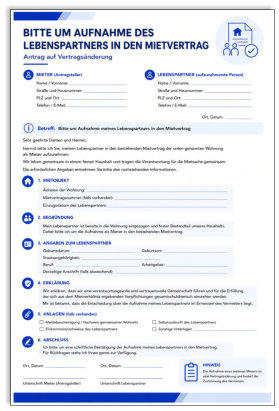 moderne Mustervorlage zur Beantragung einer Vertragsänderung mit Angaben zu Mieter, Lebenspartner und Mietwohnung