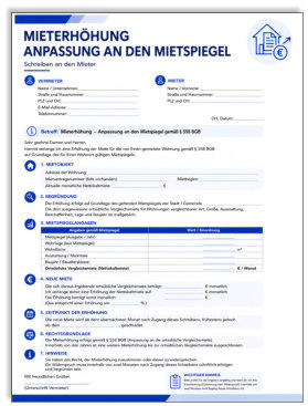 Mieterhöhung durch Anpassung an den Mietspiegel – moderne Mustervorlage mit Angaben zur ortsüblichen Vergleichsmiete, Mietanpassung und rechtlicher Begründung.