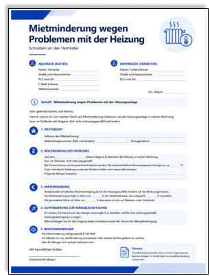 Mietminderung wegen Problemen mit der Heizung, moderne Mustervorlage für Mieter