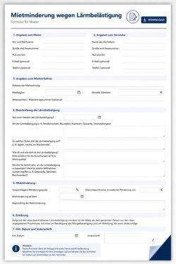 Formular, Mietminderung wegen Lärmbelästigung, mit ausfüllbaren Feldern, Download- Button und modernen Design in blau und weiß