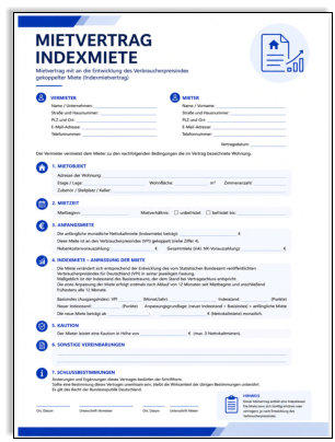 „Mietvertrag Indexmiete – moderne Vertragsvorlage mit Regelungen zur indexbasierten Mietanpassung und professionellem Layout.“