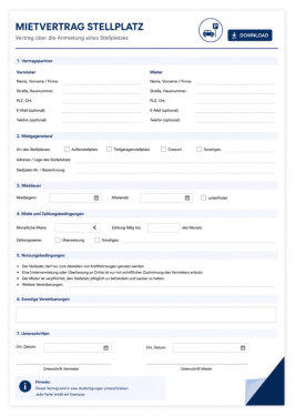 Modernes Formular, Mietvertrag Stellplatz, mit ausfüllbaren Feldern für Mieter, Vermieter, Klares Design mit Download Button