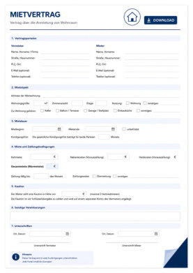Modernes Formular, Mietvertrag, mit ausfüllbaren Feldern für Mieter, Vermieter, Klares Design mit Download Button