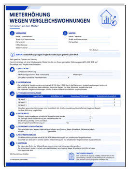 Mieterhöhung wegen Vergleichswohnungen – moderne Mustervorlage zur Anpassung der Miete anhand ortsüblicher Vergleichsmieten mit professionellem Layout und klarer Struktur.