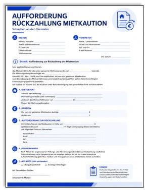 Aufforderung zur Rückzahlung der Mietkaution – moderne Mustervorlage für Mieter mit Angaben zur Kaution, Rückzahlungsfrist und Bankverbindung