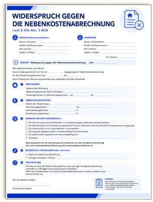 Widerspruch gegebn die Nebenkostenabrechnung, Mustervorlage für Mieter zur Anechtung einen Nebenkostenabrechnung