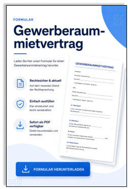 „Moderne Vorlage eines Gewerberaummietvertrags mit Download-Button, rechtssicheren Hinweisen und übersichtlichem Vertragsformular in Blau-Weiß.“ 