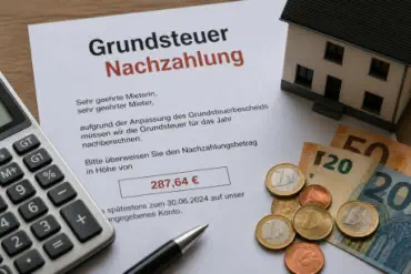 Dokument zur Grundsteuer-Nachzahlung für Mieter mit ausgewiesenem Betrag, daneben Taschenrechner, Geldscheine, Münzen und ein Modellhaus auf einem Schreibtisch. 