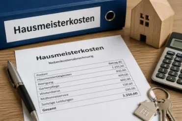 Dokument mit Hausmeisterkosten und Nebenkostenabrechnung auf einem Schreibtisch mit Rechner und Hausschlüssel