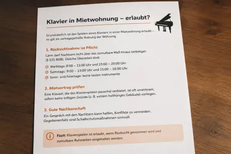 auf einem Tisch liegt ein Blatt Papier mit der Hausordnung. Über Lärm und Verhalten