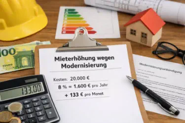 Ein Dokument mit der Überschrift „Mieterhöhung wegen Modernisierung“

Kostenaufstellung + Berechnung der Mieterhöhung

Taschenrechner mit 133 € Anzeige

Euro-Banknoten & Münzen

Energiespardiagramm, Mini-Hausmodell und gelber Bauhelm