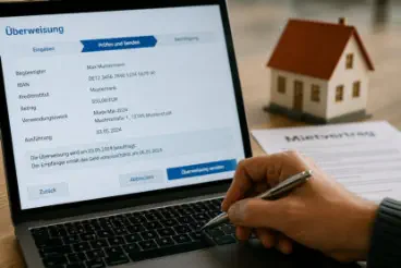 Eine Person bestätigt am Laptop eine Online-Überweisung der Miete. Auf dem Schreibtisch liegen ein Mietvertrag und ein kleines Hausmodell.