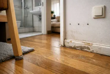 Beschädigtes Parkett in einer Mietwohnung mit herausgebrochenen Holzplanken und sichtbarem Unterboden im Wohnzimmerbereich 