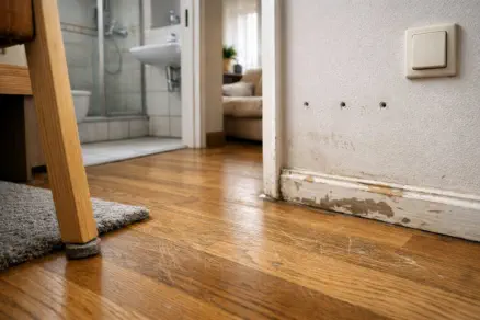 Beschädigtes Parkett in einer Mietwohnung mit herausgebrochenen Holzplanken und sichtbarem Unterboden im Wohnzimmerbereich 